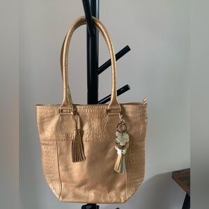 ONE OF A KIND Gold Crocodile Pattern Tote with Tassel